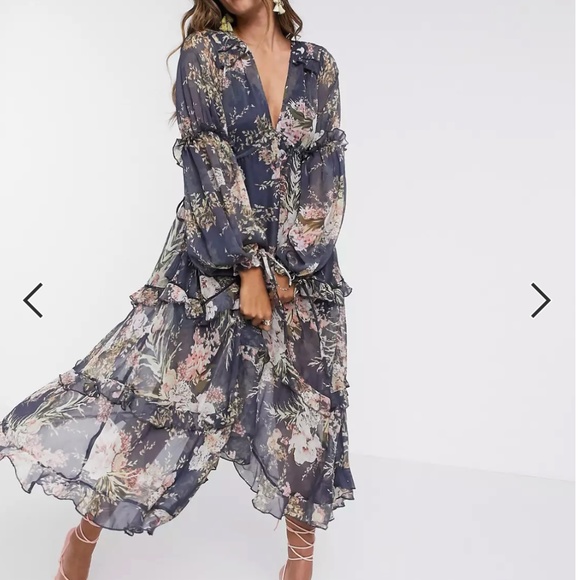 Navy Floral Dress - Tiered Maxi - Picture 1 of 4